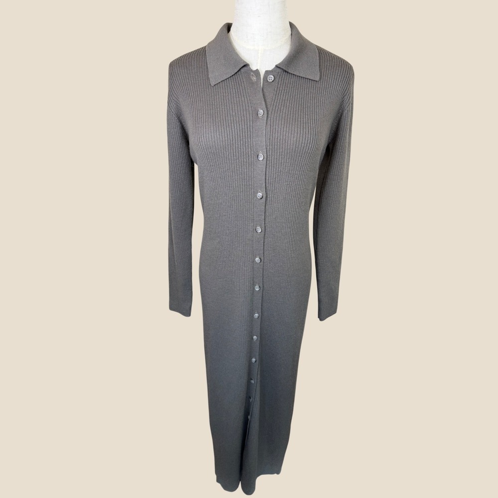 Jones & Co Vintage 90s Merino Wool Ribbed Maxi Dress Taupe Button Front 6